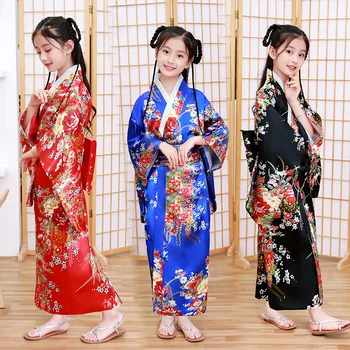12 Цветов Детское кимоно в традиционном японском стиле, платье-юката с павлином для девочки, детский косплей, Японский костюм Хаори, азиатская одежда