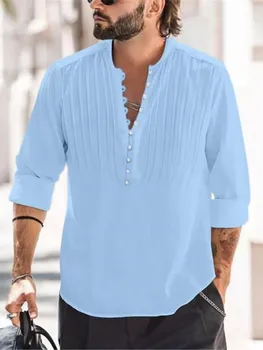 2023 Новая мужская льняная дышащая рубашка в складку с длинным рукавом, однотонная повседневная Базовая хлопчатобумажная рубашка, топы, рубашка из конопли для мужчин S-3