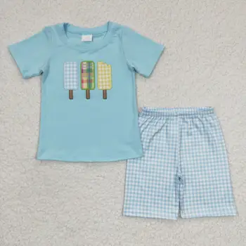 2023 Новые продукты RTS Little Boys Синие наборы Детская Одежда с вышивкой Детское Летнее Мороженое
