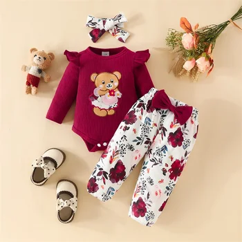 Citgeett Осенняя одежда для новорожденных девочек, комбинезон с вышивкой и длинными рукавами, штаны с цветочным рисунком, повязка на голову, милая одежда