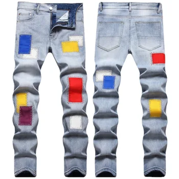 FUAMOS Новые персонализированные модные цветные ленты Корейские джинсы мужские уличные Синие джинсовые брюки с вышивкой в европейском и американском стиле