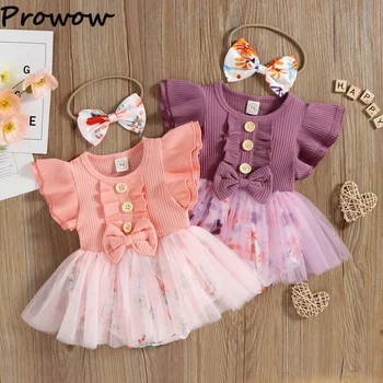 Prowow 0-18 м, милое детское боди для девочек, фатиновый комбинезон с оборками на рукавах, платье-комбинезон с цветочным рисунком для новорожденных, летняя одежда для малышей