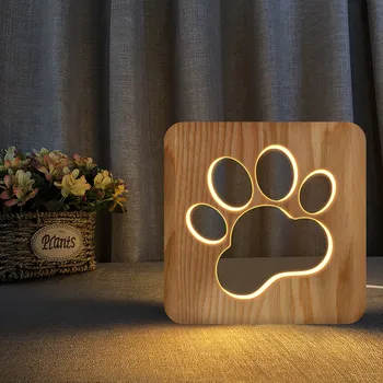 Qitherm LED USB Ночник Деревянная Собачья Лапа Кошка Голова Волка Животное Лампа Новинка Детская Спальня 3D Украшения Настольные Лампы Детский Подарок