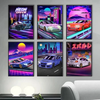 Автомобили Synthwave Nissan GTR R34 Неоновый ночной плакат Картина на холсте Плакат и принт Настенное искусство для гостиной Cuadros