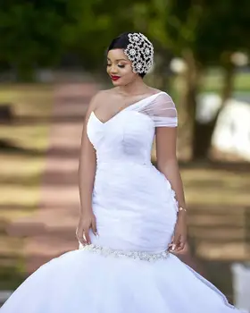 Африканское роскошное расшитое бисером Черное женское платье большого размера Vestido de noiva 2022 Русалка, свадебные платья на одно плечо для новобрачных