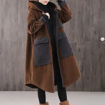 Вельветовая куртка с большим карманом Плюс хлопковое толстое пальто с капюшоном, женская осенне-зимняя свободная Длинная куртка-парка большого размера y950
