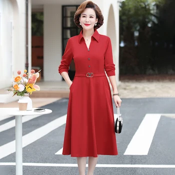 Весеннее красное платье-рубашка, женское элегантное приталенное вечернее платье с длинным рукавом, офисные женские модные винтажные платья трапециевидной формы