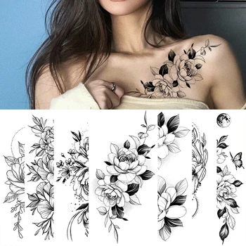 Временные и съемные наклейки с татуировками на коже в виде цветка розы, татуировки в виде цветка на теле, раздвинутых ногах, руках, шее, спине, цветочные татуировки
