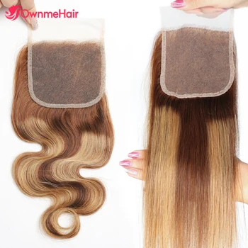 Выделите коричневую прозрачную кружевную застежку 4x4, объемную волну, бразильские человеческие волосы, предварительно выщипанные прямые волосы, только кружевную застежку