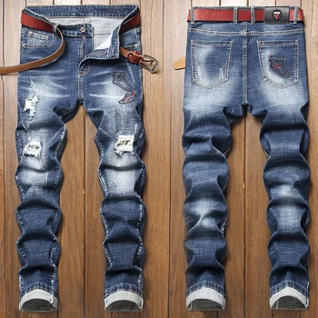 Вышитые джинсовые дырочки, испорченные мужские прямые джинсы роскошного модного бренда Tide с принтом на ногах, новые высококачественные большие размеры