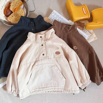Детская куртка, пальто, осень-зима 2023, новые детские комплекты из флиса и шерсти с воротником-стойкой и потайными завязками