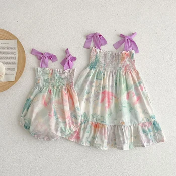 Детский комбинезон с цветочным рисунком HoneyCherry Summer Sisters, платье с цветочным рисунком на бретельках для девочек, праздничное платье для девочек