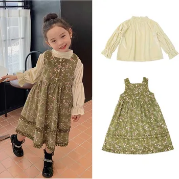 Детское платье для девочек, осеннее детское платье для девочек с вельветовой юбкой в корейском стиле с цветочным рисунком