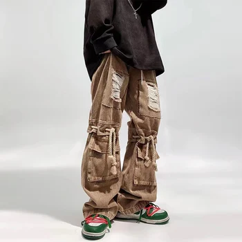 Джинсы-карго ARENS Streetwear, рваные джинсы в стиле хип-хоп с завязками на коленях, мешковатые джинсы Y2K, модные джинсовые брюки Harajuku для мужчин