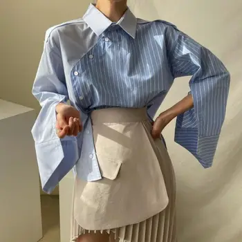 Женская повседневная блузка 2023 года, асимметричная однобортная рубашка в полоску с отложным воротником и длинными рукавами, украшенная панелями, p966