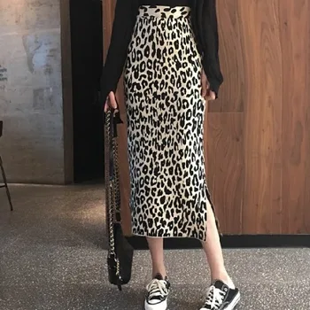 Женская трикотажная леопардовая юбка с длинным разрезом и высокой талией, трикотажные лыжи