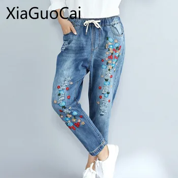 Женские джинсы с цветами, женские осенние повседневные брюки с вышивкой большого размера, свободные тонкие джинсы с девятью рваными штанами для женщин