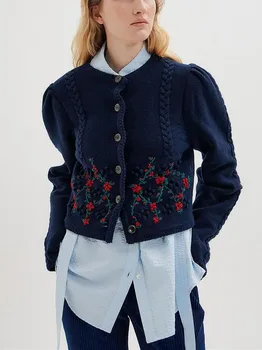 Женский вязаный кардиган в стиле ретро с круглым вырезом, Новинка 2022 года, Однобортный свитер в рубчик с цветами ручной вышивки, однобортный свитер