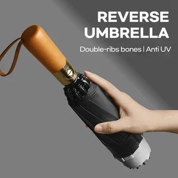 Зонт с автоматическим обратным движением для мужчин и женщин, защита от ультрафиолета, солнцезащитный зонт с деревянной ручкой, Ветрозащитный Прочный Складной зонт 10K Parasol