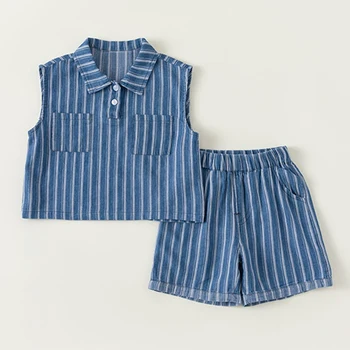 Комплект из 2 предметов Для Маленьких Мальчиков, Летняя одежда В Корейском стиле, Повседневная Джинсовая футболка в полоску + Короткая Бутиковая Детская одежда BC463