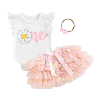 Комплект летних комбинезонов для маленьких девочек Pudcoco, комбинезон с цветочным принтом, рукава-крылышки и повседневная многослойная юбка из сетчатого тюля, повязка на голову, 6-18 м