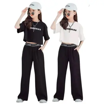 Комплект одежды для девочек, летние детские топы с короткими рукавами и надписью + широкие брюки, 2 предмета одежды, модный детский костюм