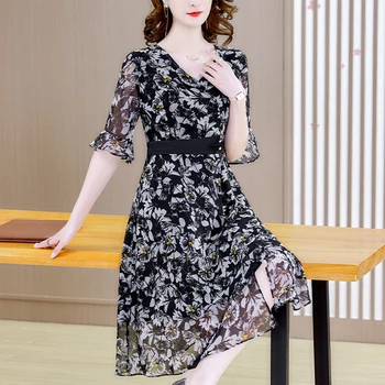Летнее Бохо Черное Шифоновое платье Миди с V-образным вырезом в цветочек, Женское Элегантное облегающее платье-сарафан 2023, Корейская мода, Повседневные Пляжные платья