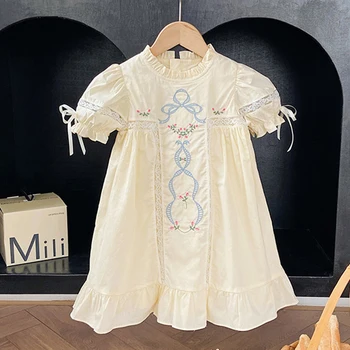 Летнее кружевное платье для маленьких девочек с бантом и вышивкой, Темпераментное платье принцессы со стоячим вырезом и коротким рукавом, детская одежда