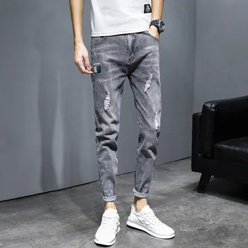Летние Легкие джинсы Мужские в обтяжку, джинсовая ткань в полоску, с дырками, Винтажные рабочие брюки в стиле хип-хоп, тонкие рваные джинсы