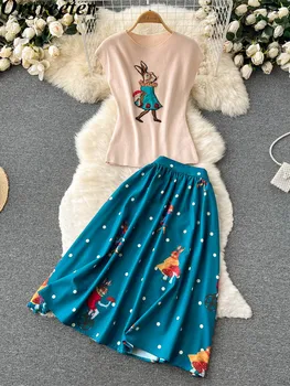 Летний Винтажный комплект из двух предметов, Женский вязаный пуловер с вышивкой милого кролика, топы + Бальное платье с принтом Каваи, костюмы со средней юбкой, женские