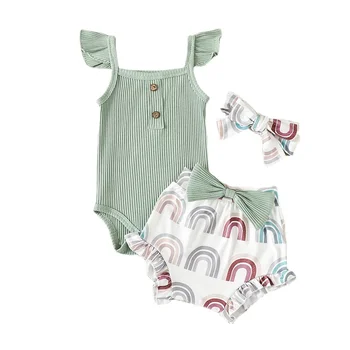 Летний комплект одежды для новорожденных девочек, боди без рукавов для маленьких девочек, Шорты с принтом, костюм из 3 предметов, одежда для маленьких девочек