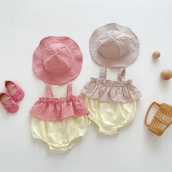 Летняя детская одежда, боди-слинг в клетку для девочек, тонкий хлопковый милый комбинезон без рукавов для младенцев и шляпа от солнца, 2 предмета одежды для новорожденных