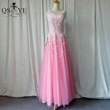 Милые розовые платья для выпускного вечера трапециевидной формы для девочек, белое кружевное вечернее платье с аппликацией, без рукавов, с открытой спиной, Струящаяся юбка из тюля, вечернее платье для девочек