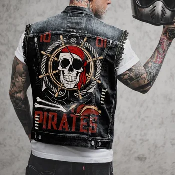 Мужской мотоциклетный байкерский жилет с буквенным принтом в виде пиратского черепа, потертой дырки, джинсовая куртка в стиле панк без рукавов, повседневная уличная одежда, жилет