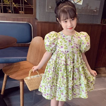 Новое хлопковое платье для девочек Лето 2023, детские многослойные платья принцессы с пышными рукавами и цветочным рисунком, милая одежда для маленьких девочек, Vestidos