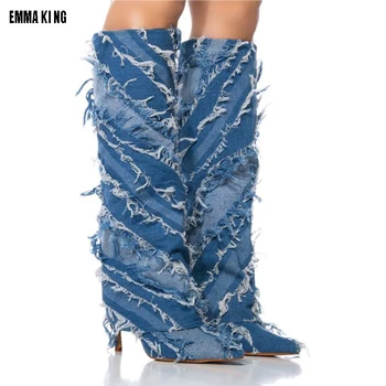 Новые женские модные синие джинсы, джинсовые сапоги до колена с острым носком, женские ковбойские ботинки в западном стиле на тонком каблуке, без застежки, Длинные ботинки 44