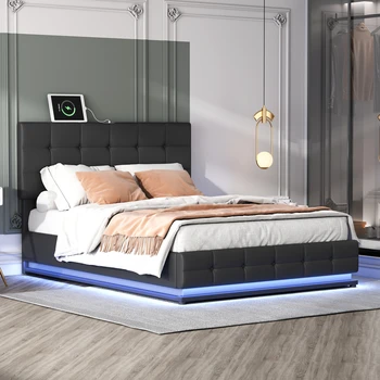 Обитая ворсом кровать-платформа с гидравлической системой хранения, кровать для хранения из полиуретана размера Queen Size со светодиодной подсветкой и USB-зарядным устройством, черная