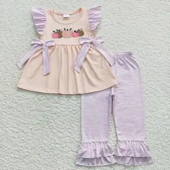 Оптовая продажа одежды для маленьких девочек с вышивкой в виде тыквы, розовые летящие рукава, фиолетовый полосатый брючный костюм, одежда для мальчиков и девочек