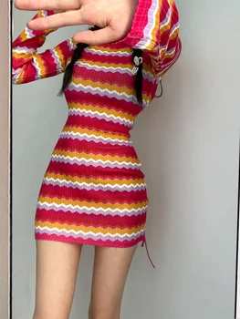 Осень 2023, новый Женский пуловер в полоску с бретельками и открытой спиной, Тонкое мини-платье в тонкую полоску, свитер Hot Girl, облегающее бедра, Корейский M253