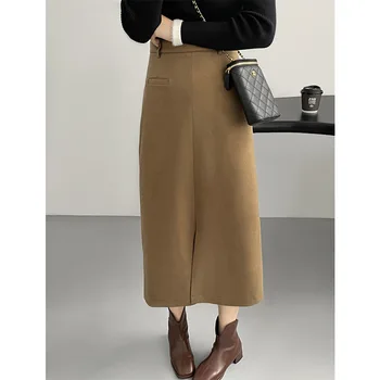 прямая юбка женская осенне-зимняя шерстяная юбка в корейском стиле модные черные юбки миди с высокой талией цвета хаки Офисная женская одежда