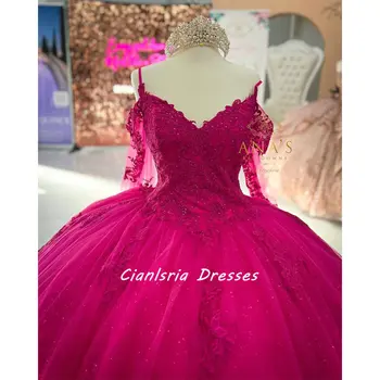 Пышное платье С лентами цвета Фуксии, Украшенное Кристаллами, Бальное Платье С Открытыми плечами, Кружевной Корсет С Аппликациями, Сладкое 15 Vestidos De Quinceanera