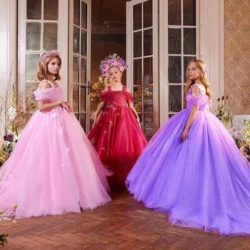 Пышные платья принцесс с открытыми плечами, платья для девочек в цветочек, Розовая тюлевая свадебная вечеринка, Причастие, День рождения, Крещение