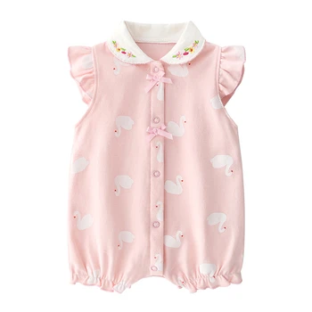Розовый Милый комбинезон для маленьких девочек, дышащая Летняя одежда для маленьких девочек, удобный костюм с короткими рукавами, Мультяшный Детский комбинезон