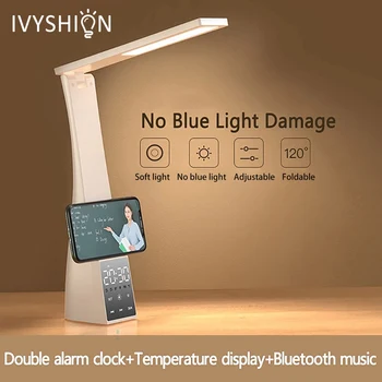 Светодиодная настольная лампа с будильником, 3 цветовых температуры, плавное затемнение, USB-зарядка, ночник, настольные лампы для чтения, защита глаз