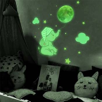 Слоненок Луна Светящаяся наклейка на стену для детской комнаты, украшения дома в спальне, светящиеся в темноте комбинированные наклейки