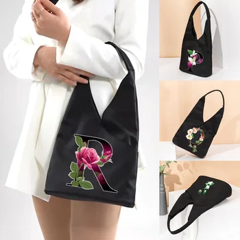 Сумки с надписью в цветочек, толстая эко-нейлоновая складная сумка через плечо, женская многоразовая портативная сумка для супермаркета, складная большая сумка-тоут