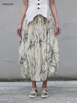 Удобная и дышащая юбка из жатого льна в национальном стиле Cakucool, летняя женская юбка А-силуэта в стиле ретро, с принтом ink wash