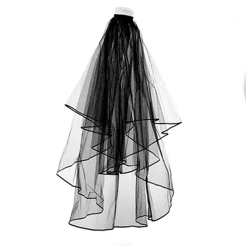 Фата для новобрачных с гребнем-вставкой, черная фата для свадебного платья, волнистый двухслойный головной убор